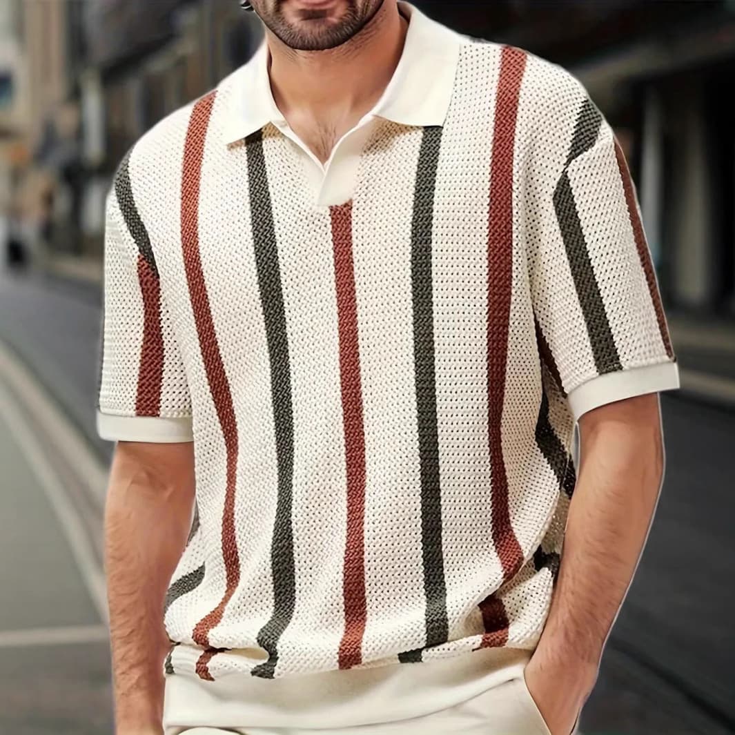 Men's Summer Short Sleeve T-Shirt - Geometric Color Block Striped Casual Knit Top, Relaxed Fit, Breathable Polyester Blend​
