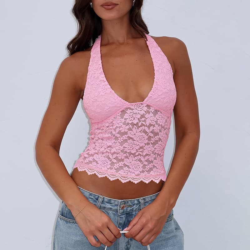 Women's Clothing Winter New Hot Girl Hollow Lace Slim Sexy Small Vest Versatile Halter Neck Top