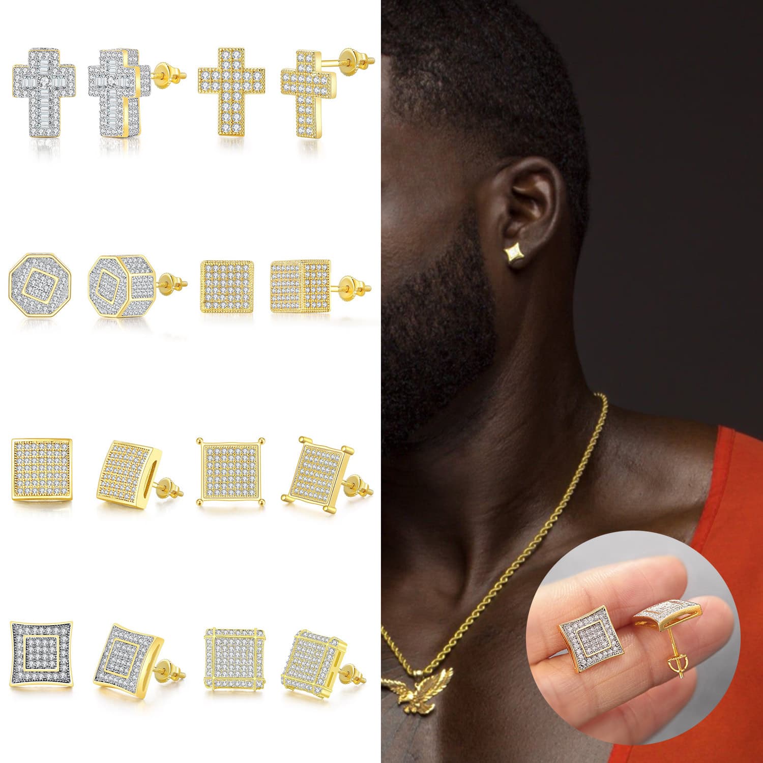 Full diamond hip-hop Earrings men's Zircon micro inlaid cross Thread Earrings popular jewelry