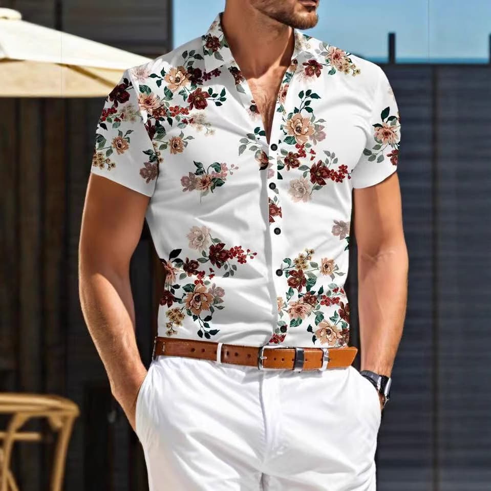 Men's Casual Versatile Slightly Elastic Fashion Slim Floral Print Men's Short Sleeved Shirt