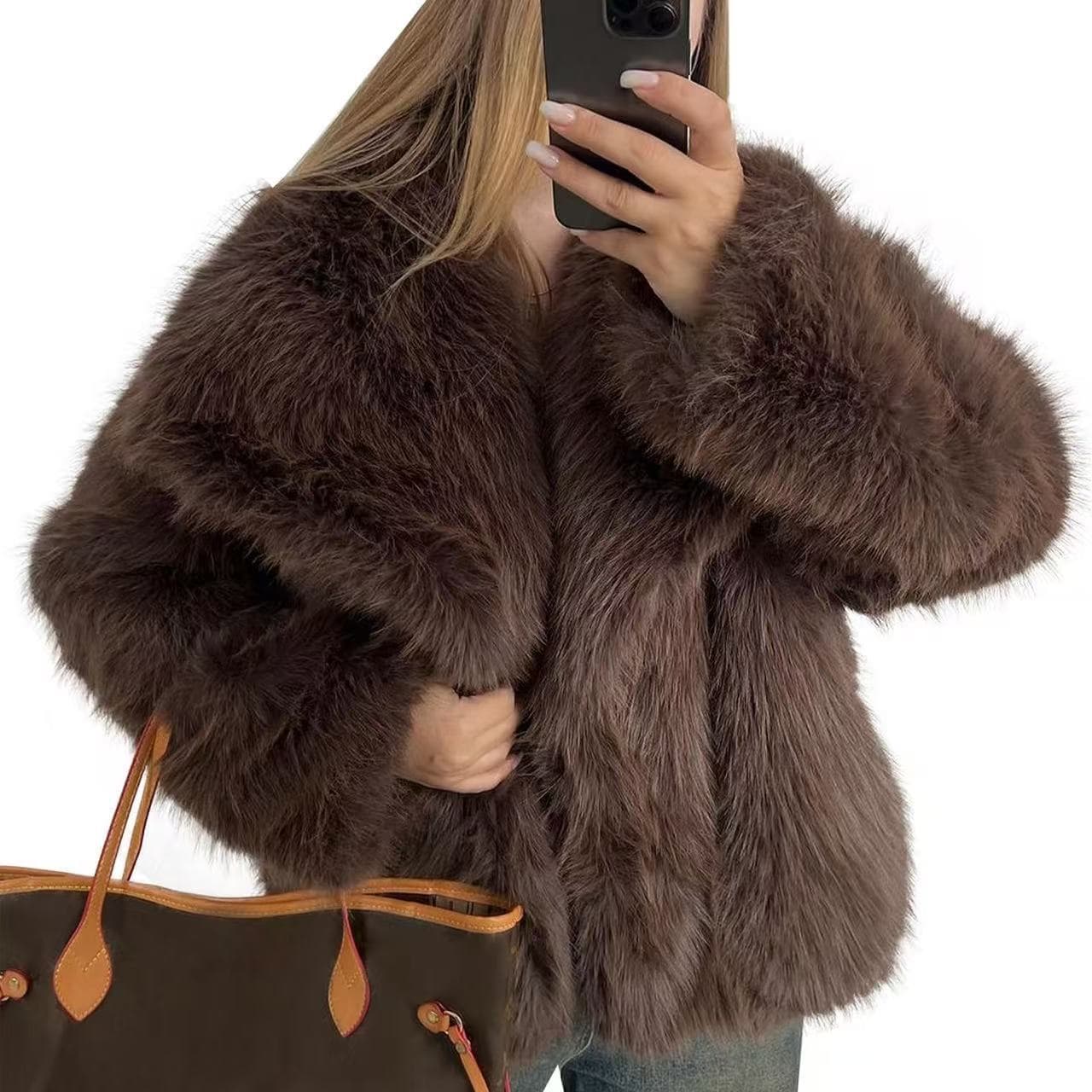 ​​Women's Faux Fox Fur Coat – Winter Vegan Fur Jacket With Oversized Lapel, Elegant Short-Length Coat For Fall & Winter