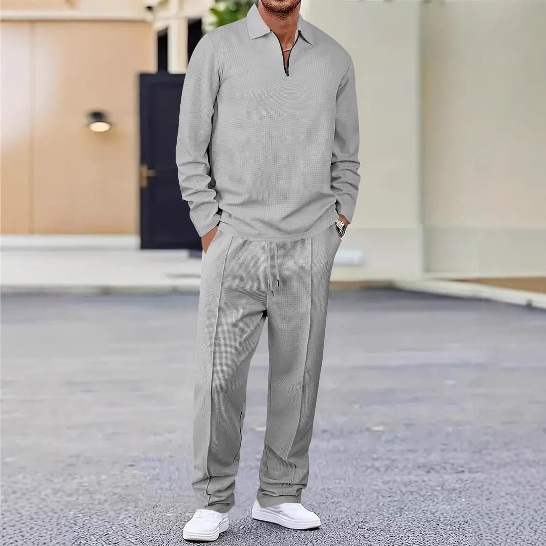 Men's Clothing Spring And Autumn Solid Color Waffle Lapel Zipper Long Sleeved Trousers Casual Suit