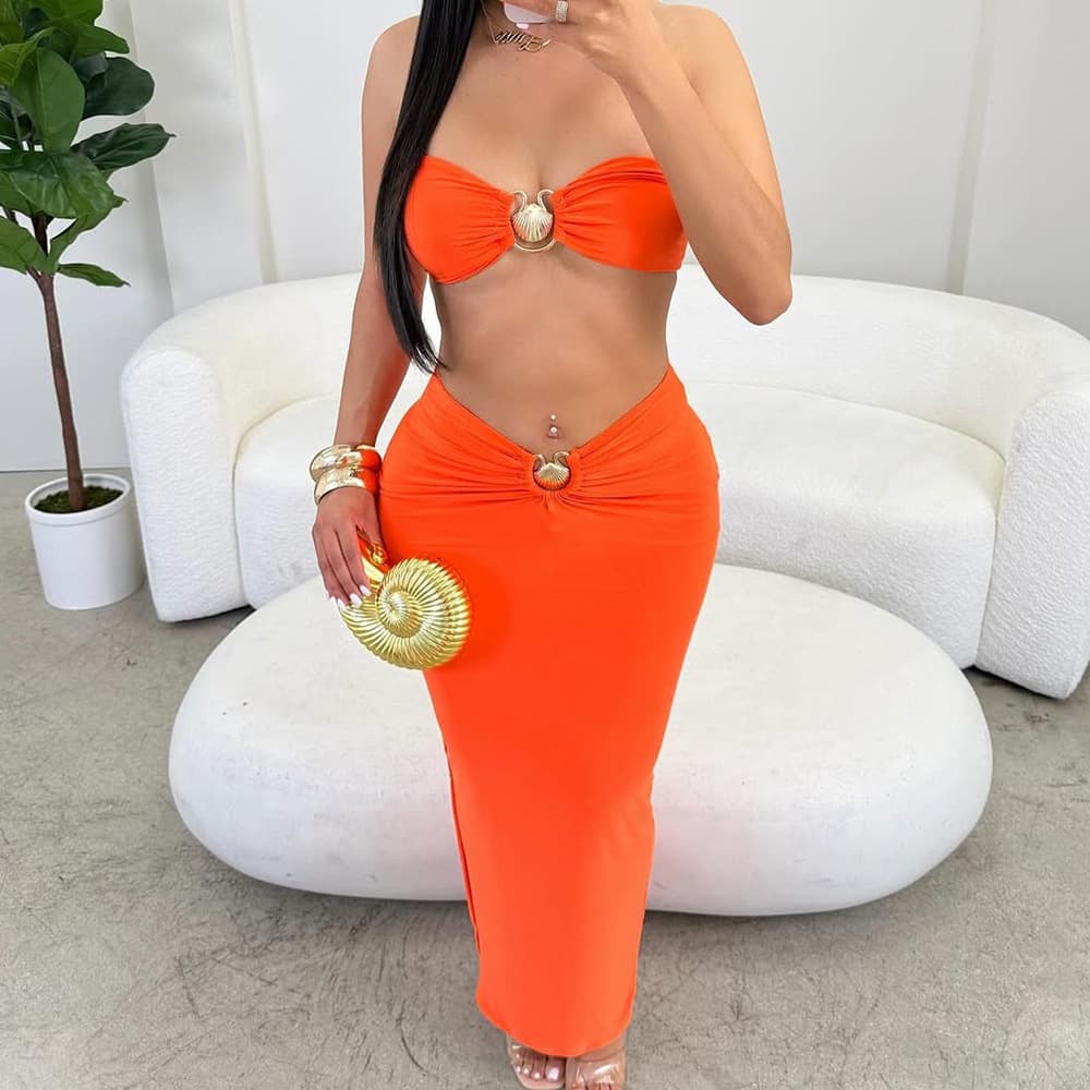 Sexy Hollow-Out Metallic Trim Bodycon Crop Top & Backless Long Skirt Two-Piece Set - S/M/L/XL (Black, Orange) - Stretchy Knit Fabric For Club