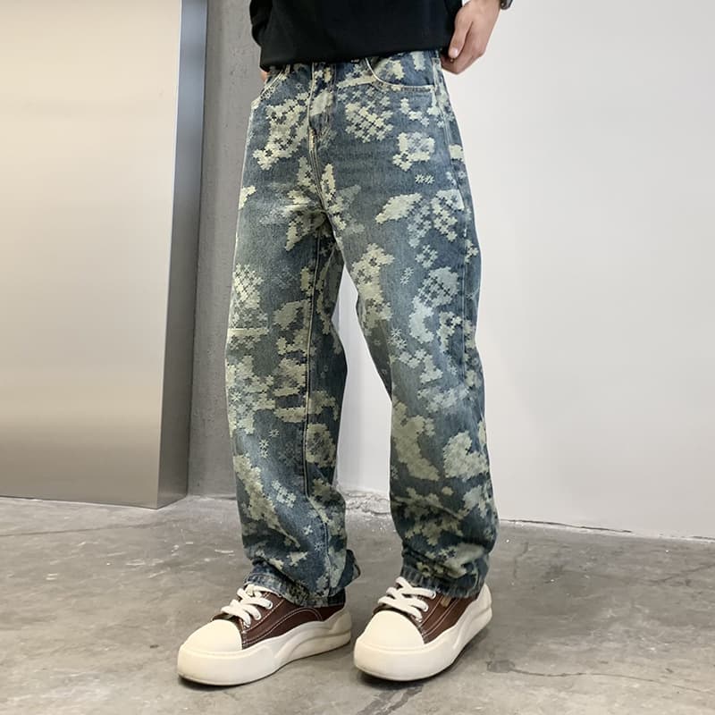Men's Clothing Jacquard jeans fashion new casual street denim loose straight pants men high street fashion all match trousers men