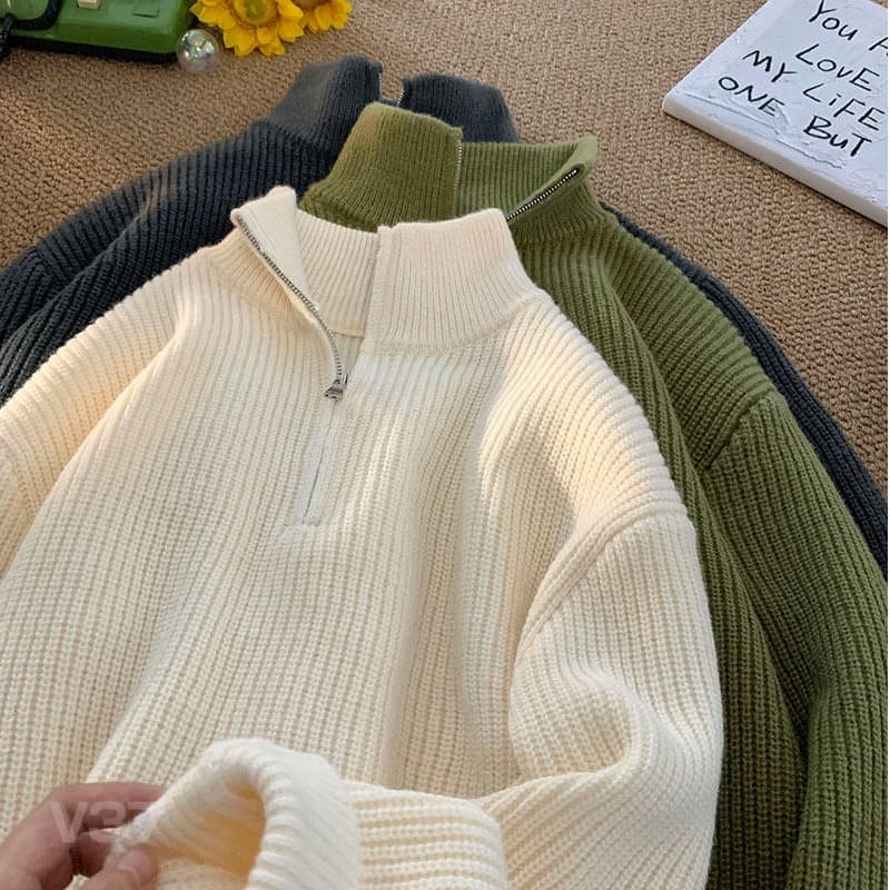 Men's Clothing Autumn And Winter New Half Zip Sweater Knitted Sweater Men's Trendy Brand Versatile Bottoming Shirt Trendy Loose Top Ins