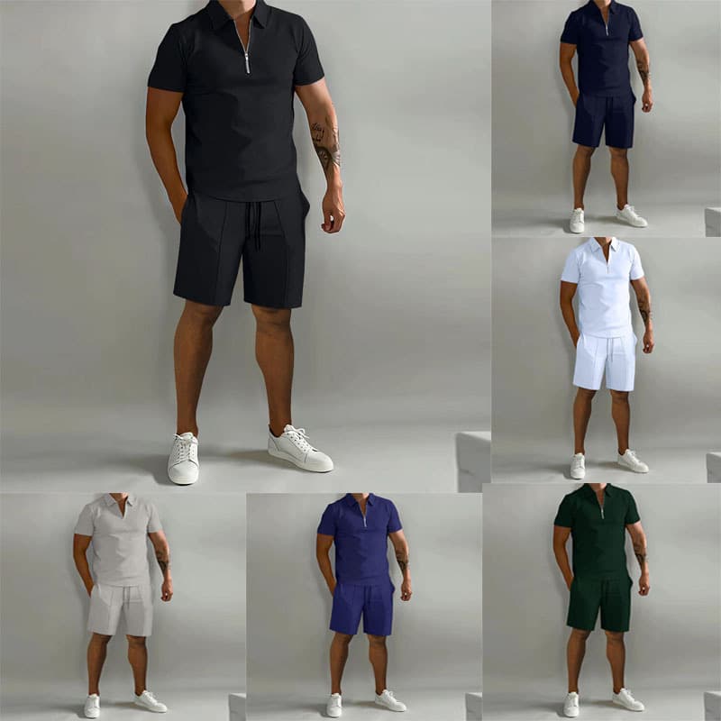 Men's Lapel Solid Color Casual Suit Stand-Up Collar Zipper Sports Thin Sweatpants Two-Piece Suit