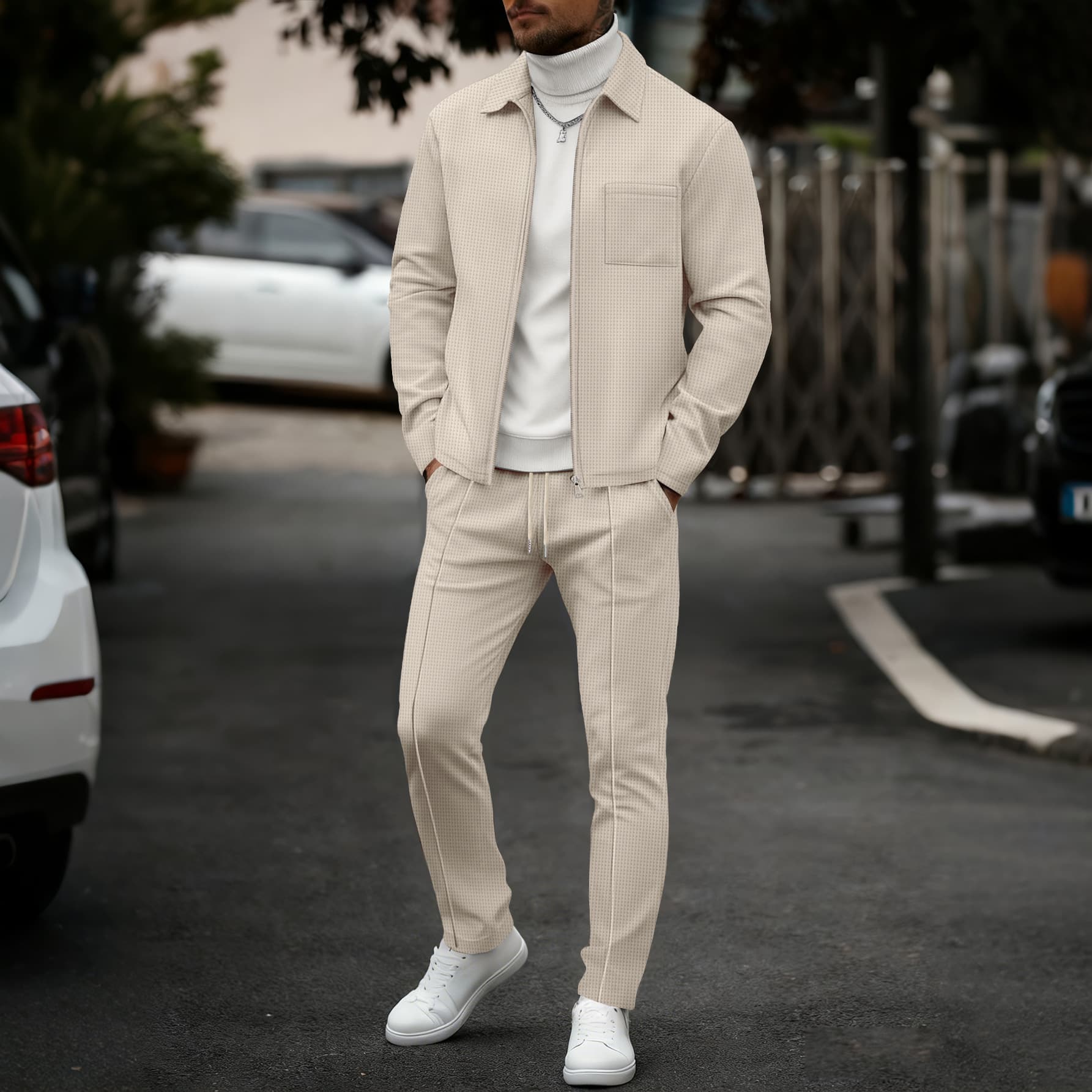 ​​Men’s Waffle-Knit Zip-Up Jacket & Pants Set – Classic Collared Casual Outfit For Spring & Fall​​