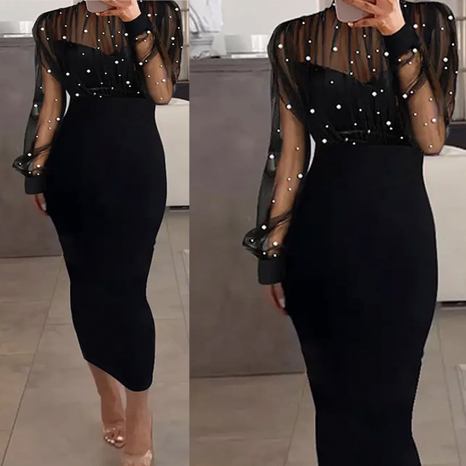 Women's Clothing fashion trend mesh beaded long sleeved dress hip evening dress