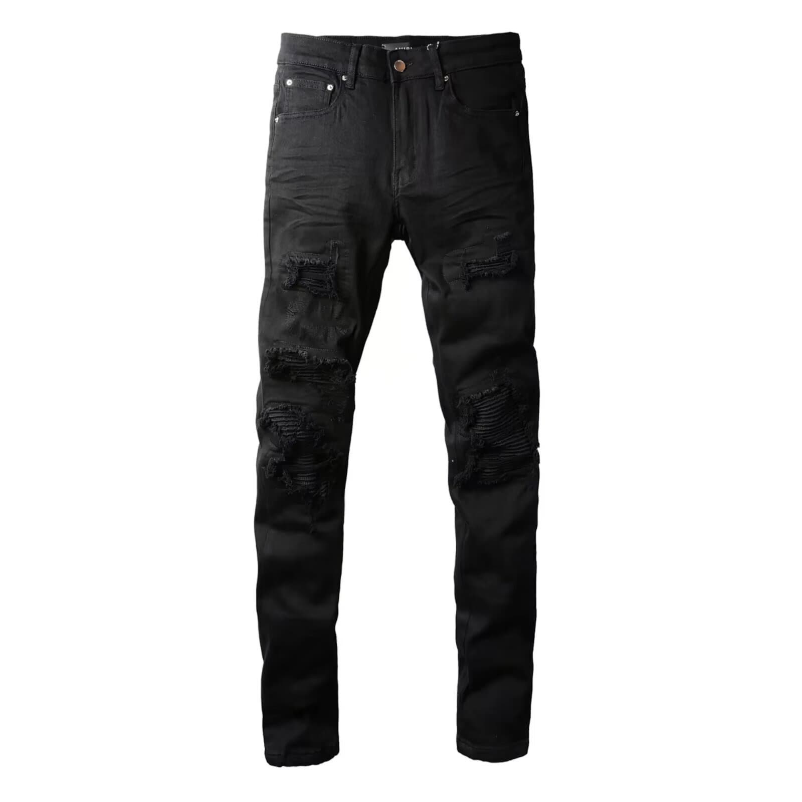Jean slim stretch noir délavé à patchs pour homme, style rétro tendance, marque américaine, neuf, en denim