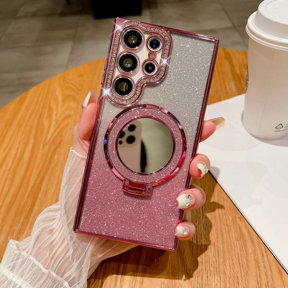 Gradient Glitter Rhinestone Magnet Case for Samsung Galaxy S24 S23 S22 Plus Ultra Shockproof Wireless Charge Mirror