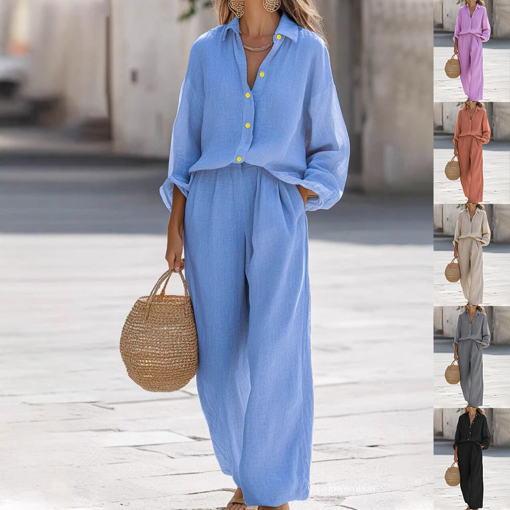 Women's Casual Long-Sleeve Shirt & Pants Set – Breathable Cotton Blend Lounge & Workwear Outfit In 6 Colors