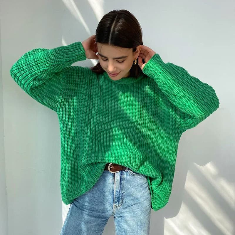 Women's Oversized Knit Sweater - Soft Round Neck Long Sleeve Pullover For Fall & Winter