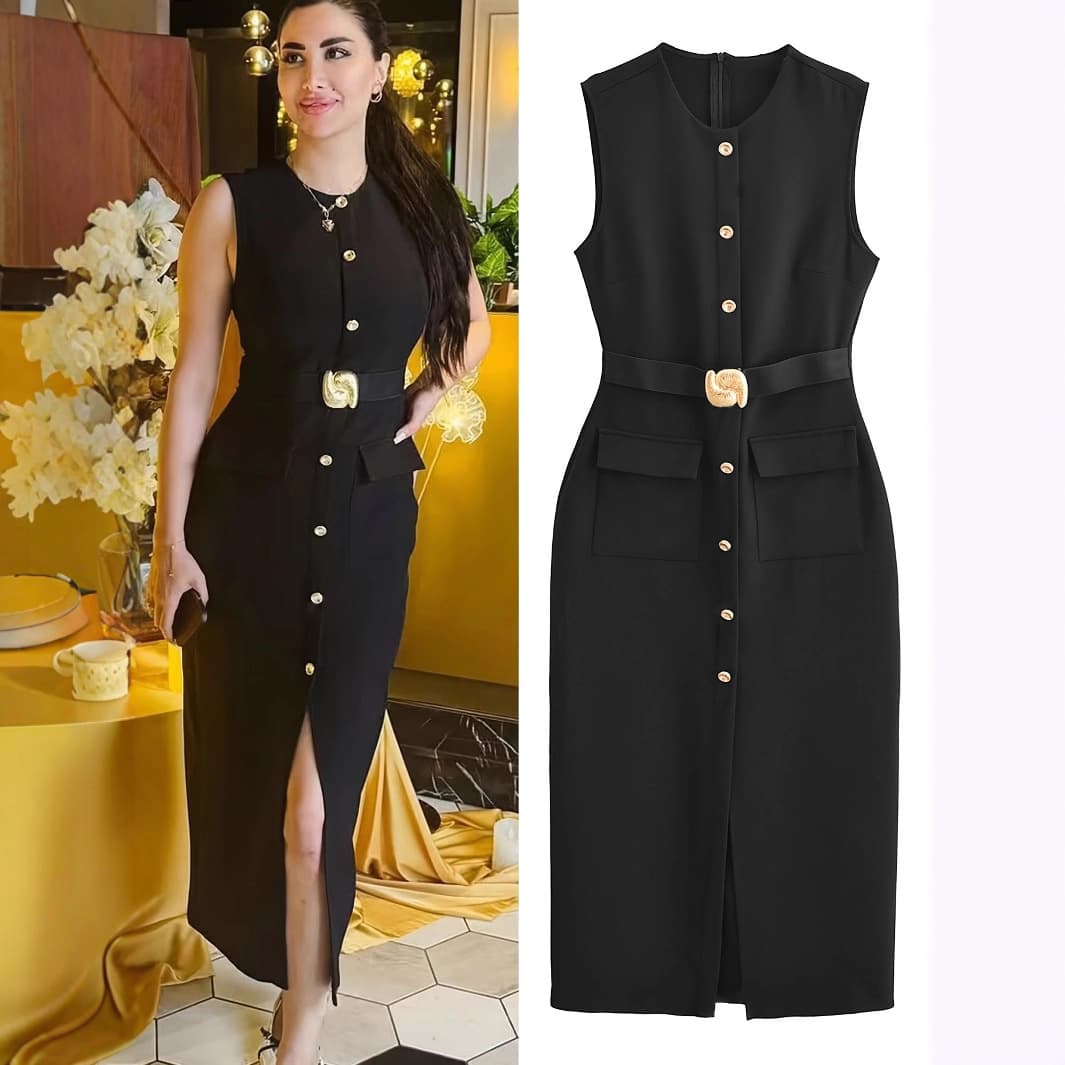 Women's Clothing Elegant Professional Sleeveless Round Neck Dress Solid Color Waist Cinching Thin Bohemian Casual Regular Size Summer Dress