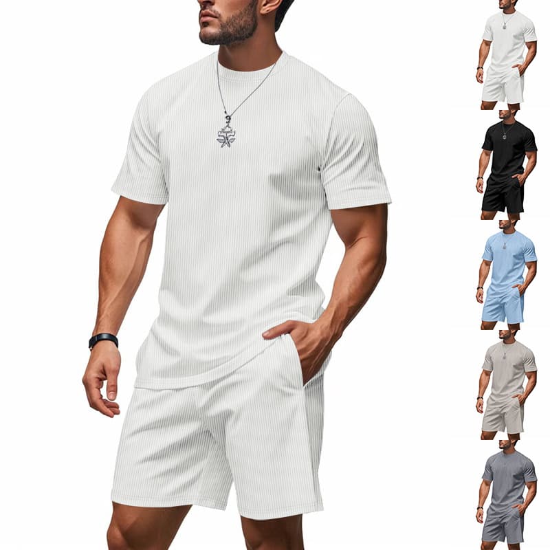 2025 Cross-border American Summer Men's Casual Simple Cool Breathable Pit Strip Loose Round Neck Short-sleeved Shorts Set