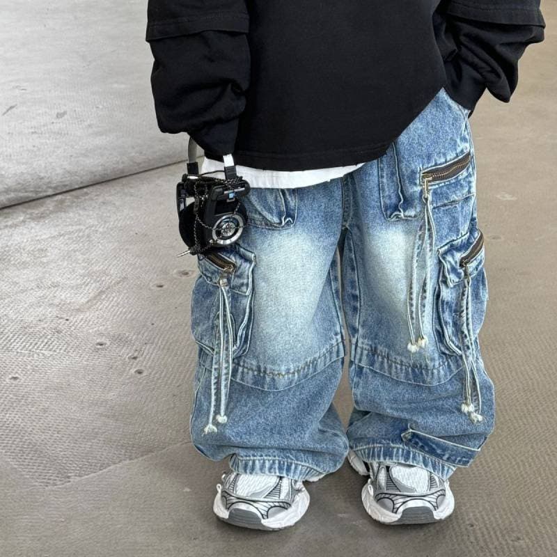 2024 Spring New Korean Boys Workwear Design Versatile Straight Jeans Children's Wide Leg Trousers Trend