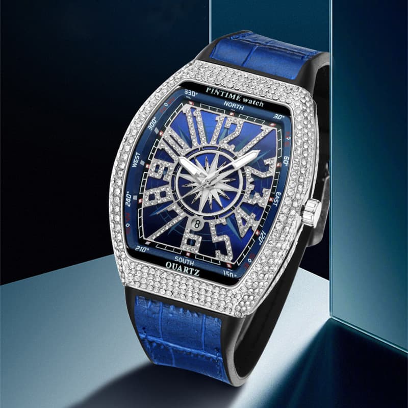 2023 New Hot Selling Pintime Men's Casual Watch Bucket Watch Simple Belt Yacht Diamond Set Vintage Quartz Men's Watch