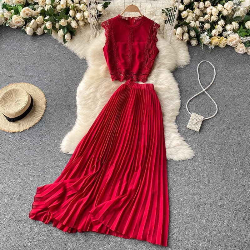 Women's lace top 1 waist slim pleated chiffon skirt two-piece suit