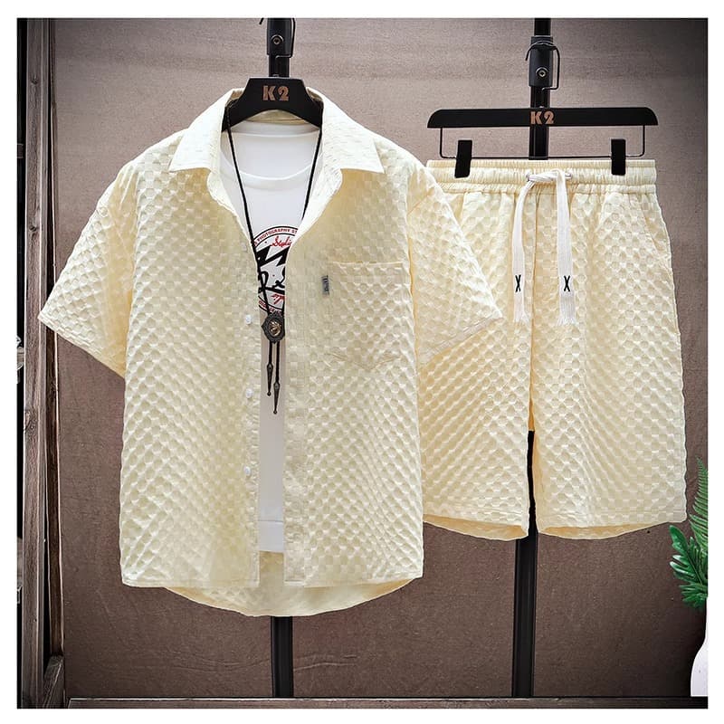 Summer Simple Suit For Men, Handsome And Stylish Short Sleeved Shirt And Shorts, A Set Of Plaid Thin Sports And Leisure Two Piece Suit