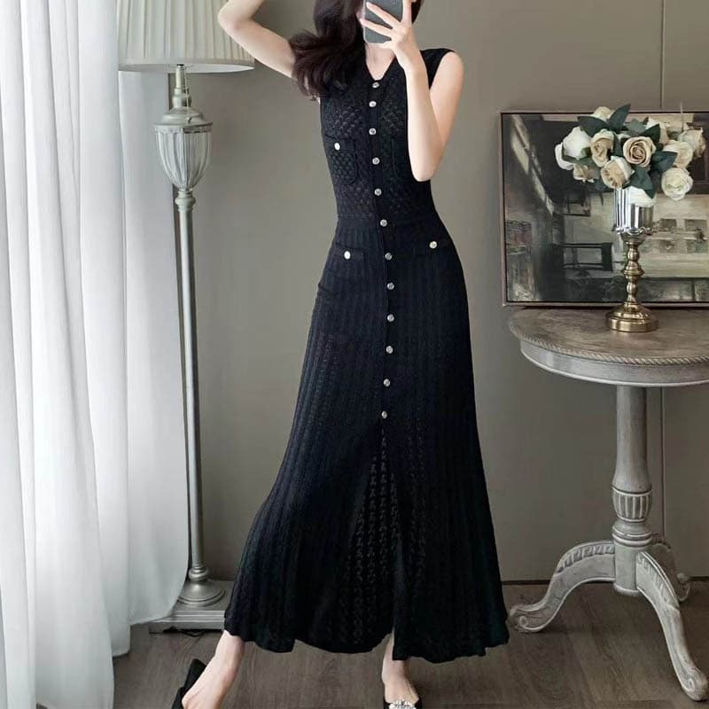 Women's Clothing Single Breasted Fashion Elegant Slimming Knitted Dress Women's Long Skirt Sleeveless