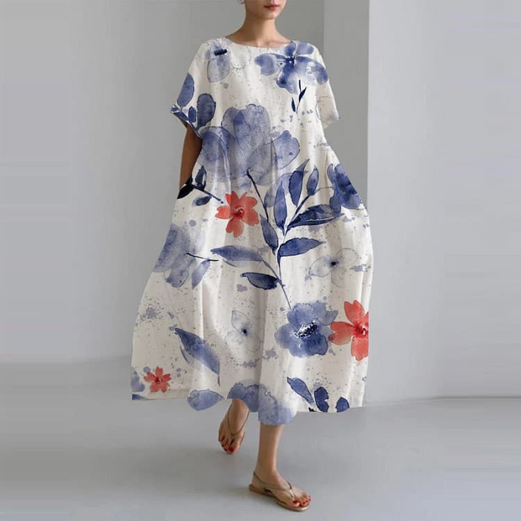 Women's Loose Round Neck Fashionable High-end Short-sleeved Printed Dress