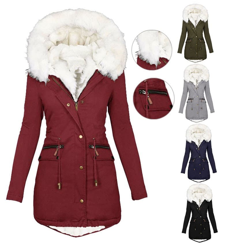 Women’s Winter Parka With Faux Fur Hood – Oversized Fleece-Lined Coat, Drawstring Waist & Zip Closure (S-5XL, 5 Colors)