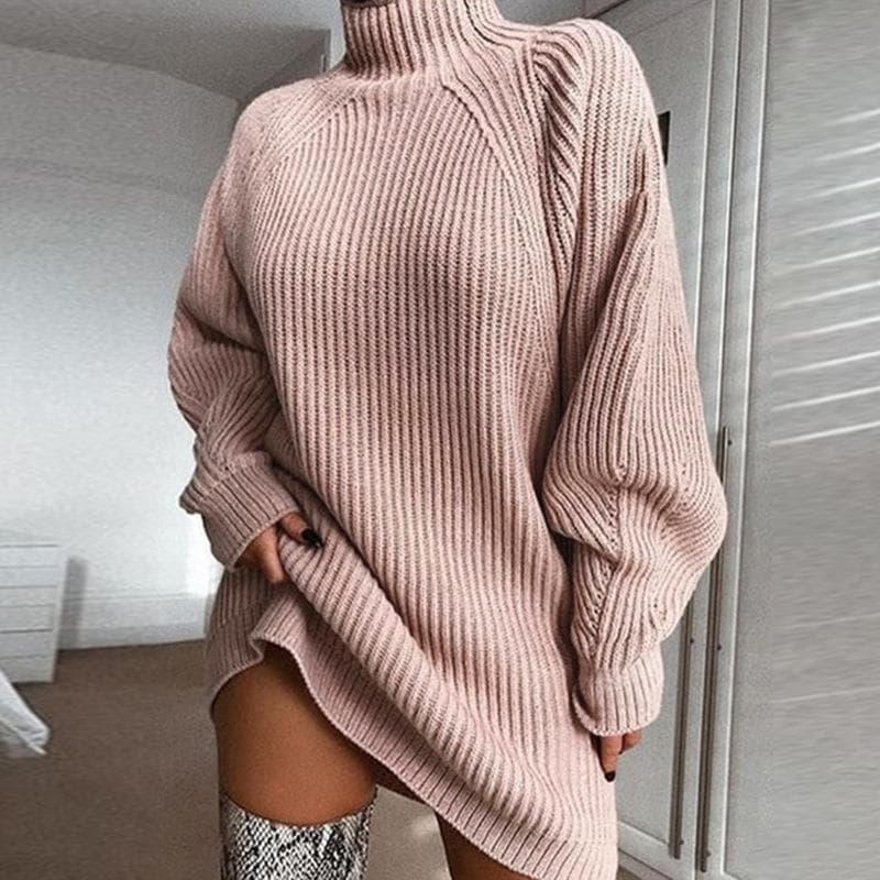 Knitted Sweater Mid-Length Raglan Sleeve Half Turtleneck Sweater Dress