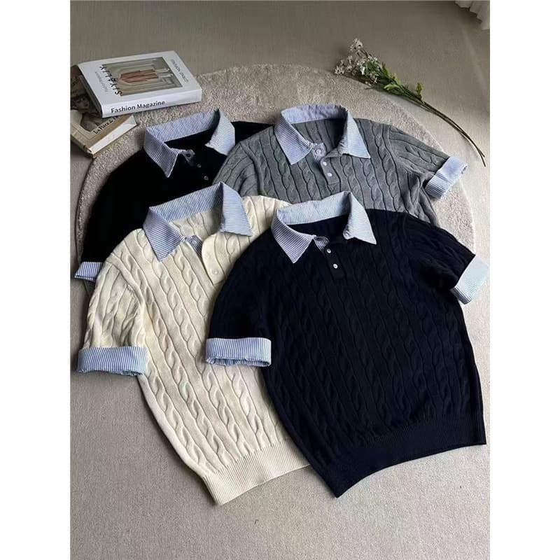 Men's Knit Polo Shirt With Shirt Collar – Summer Fake Two-Piece Design – Grey, Beige, Navy (S-Xxxxl)