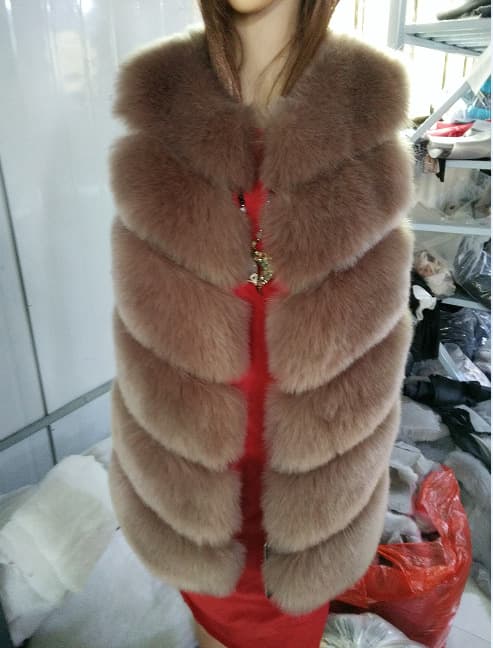 Gilet en fourrure de renard pour femme, coupe mi-longue, nouveau modèle