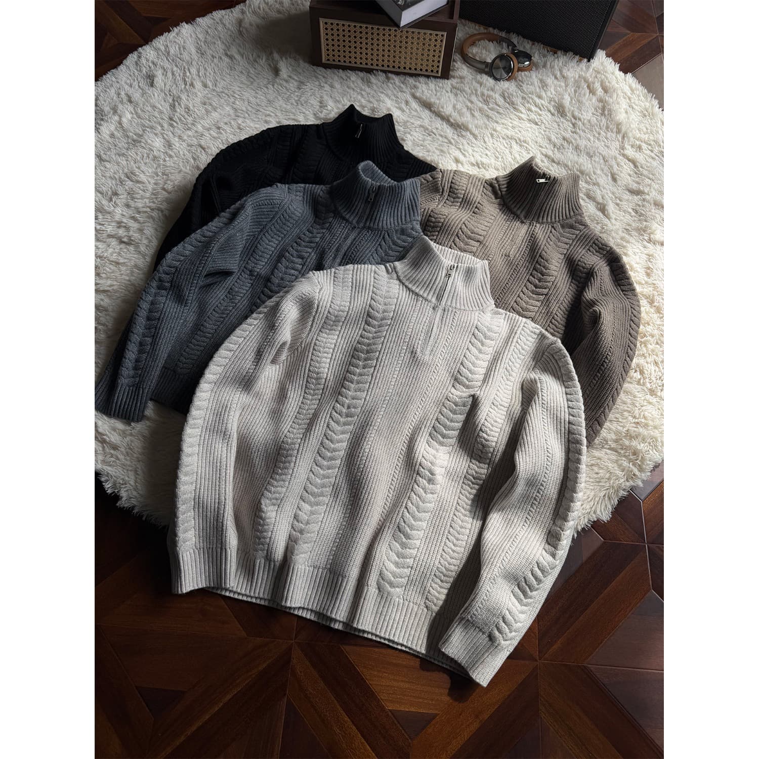 ​Cable-Knit Half-Zip Sweater – Textured Pullover With Stand Collar (M-2XL, Cotton Blend, Unisex Layering Essential)​