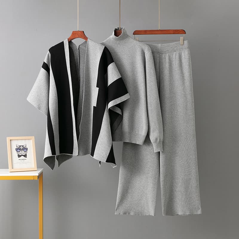 Ensemble en maille d'inspiration française pour femme – Gilet oversize, pull rayé et pantalon large (Taille unique, mélange de rayonne)
