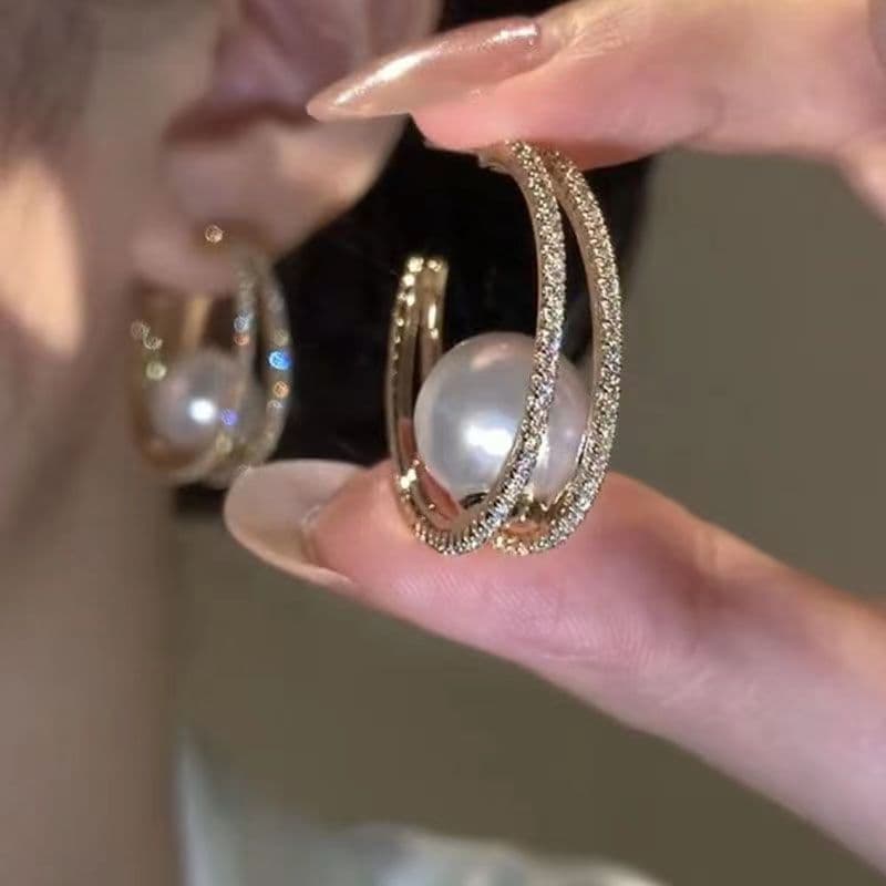 Women's earrings temperament double layer earrings retro exaggerated personality unique earrings niche design hoop pearl earrings for women