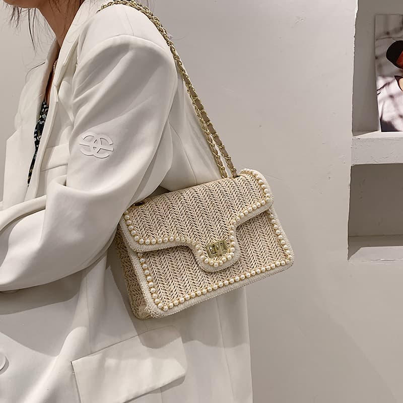 Women's Bags New Style Beads Edge Chain One Shoulder Lock Small Square Bag Ladies Straw Woven Small Fragrance Style Fashion Small Square Bag