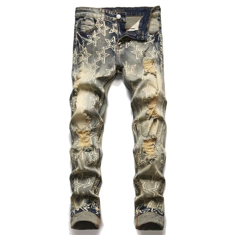 Trendy Printed Denim Suit, Men's Elastic Slim Fit, Perforated Jacket Top, Trendy Patch, Beggar Pants