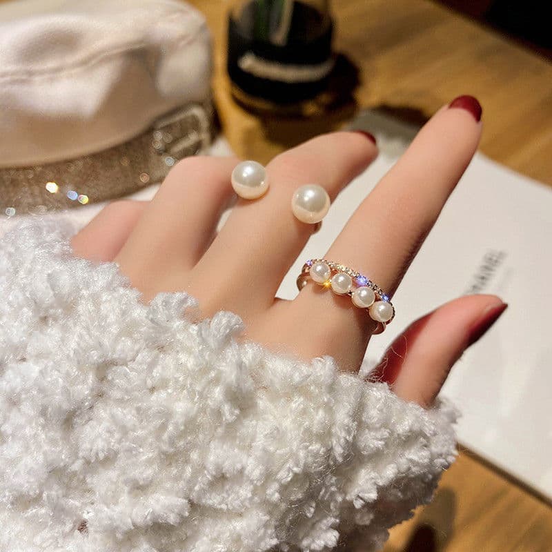 Small round beads, pearls, zircon two layer ring for women ins trendy and cool high end index finger ring simple niche design pinky ring