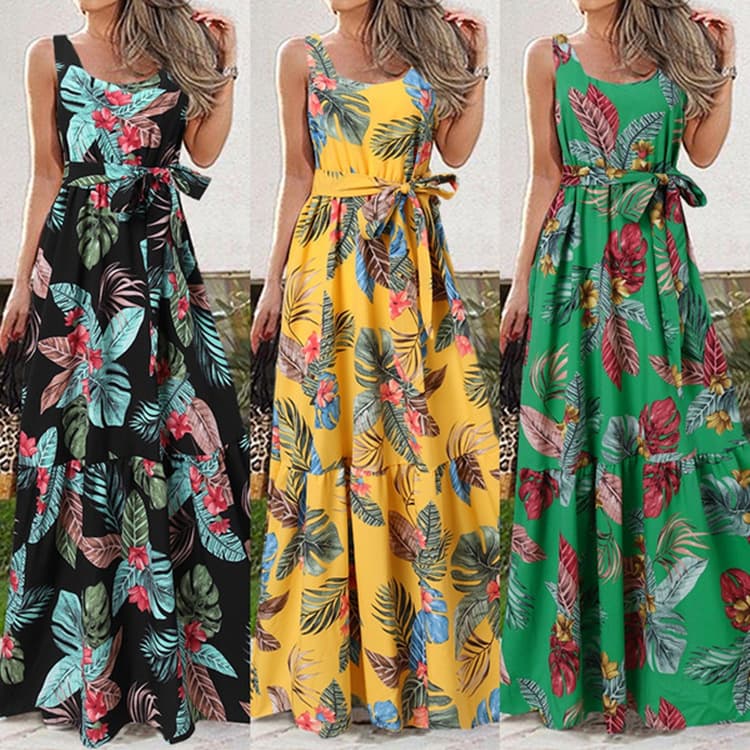 Women's printed casual long skirt belt dress