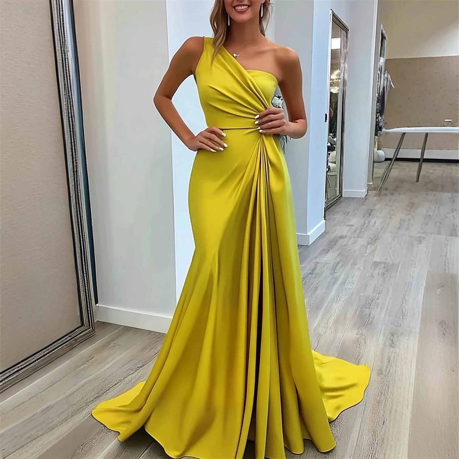 Elegant One-Shoulder Yellow Evening Dress for Women Bridesmaids Bachelorette Parties Special Occasions