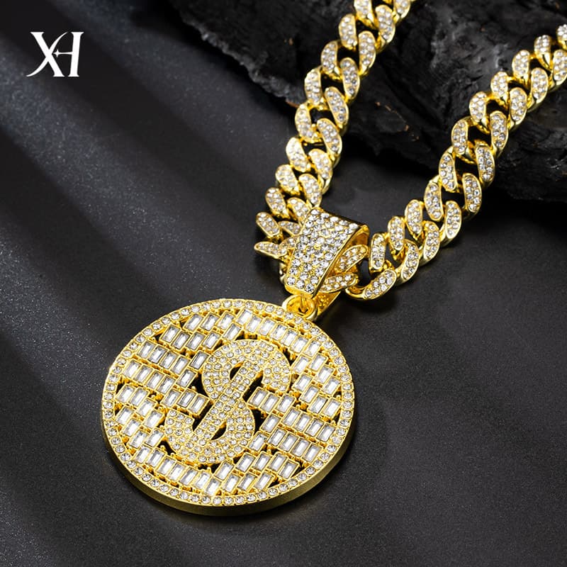 Hop Hip Trendy Long Necklace Cuban Thick Gold Chain Dollar Round Pendant