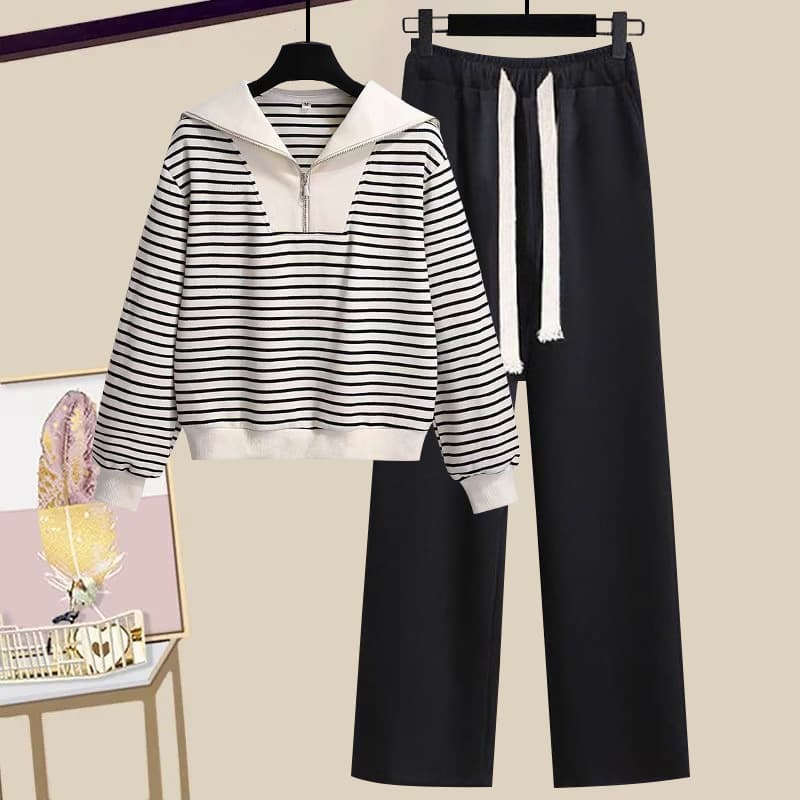 Trendy Navy Collar Long Sleeve Hoodie & Wide-Leg Drawstring Pants Set - Comfortable Loungewear Casual Streetwear, Breathable Polyester Fabric