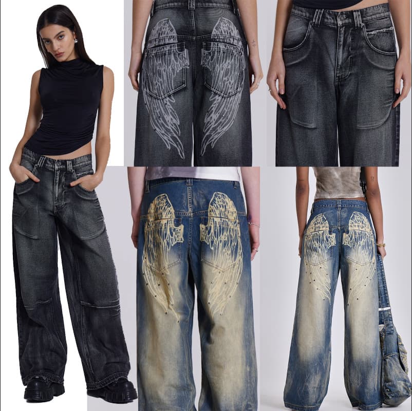 Women's Clothing Washed Old Gradient Wings Printing Retro New Loose Wide Leg Denim