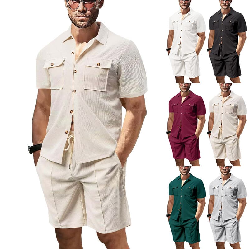 Men's Clothing Waffle Knit Short Sleeve Shirt With Pocket - Casual Button Down Collar Top In Solid Colors (Black, White, Gray, Khaki, Burgundy)​