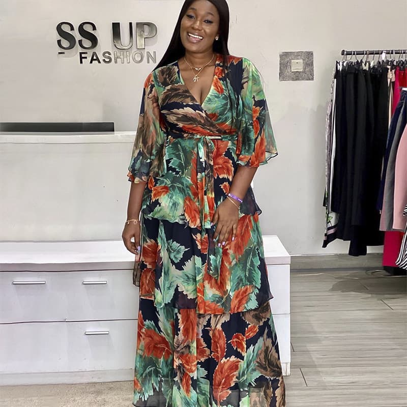 Fashion V-Neck Floral Maxi Dress – Plus Size Boho Beach Dress For Women, Flowy & Comfortable