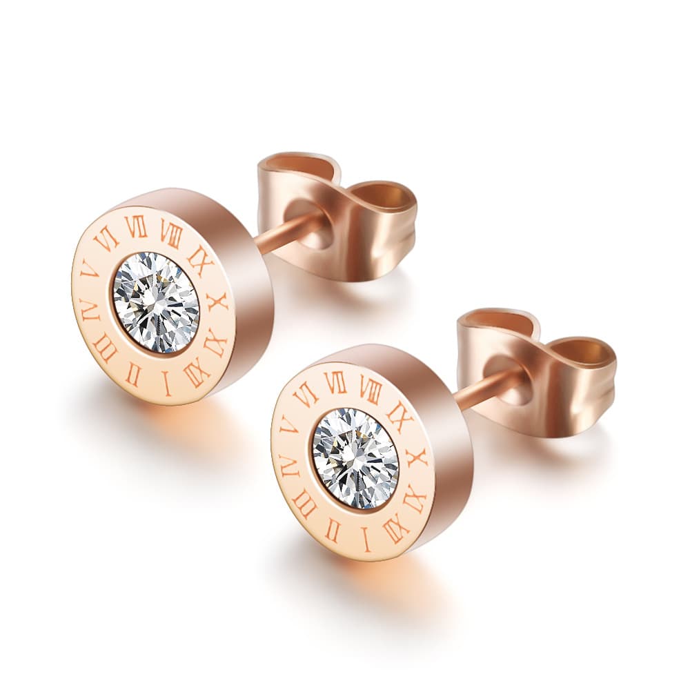 Stainless Steel Roman Numeral Stud Earrings for Women Men Fashion Round Anti-allergy Crystal Stainless Steel Earrings Jewelry