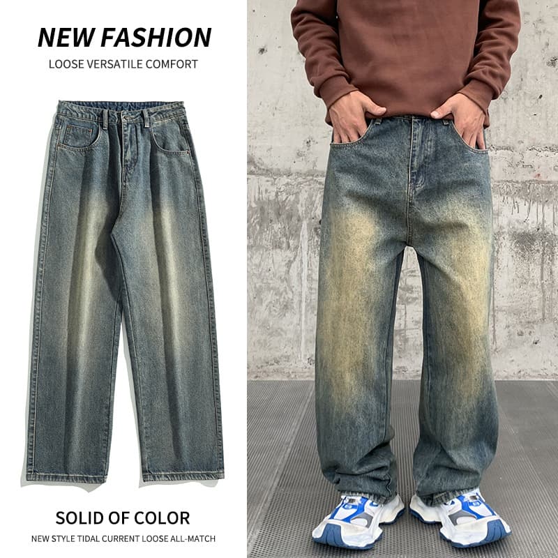Men's Retro Washed Distressed Straight Leg Jeans - Vintage Style Comfort Fit Denim Pants For Casual Wear