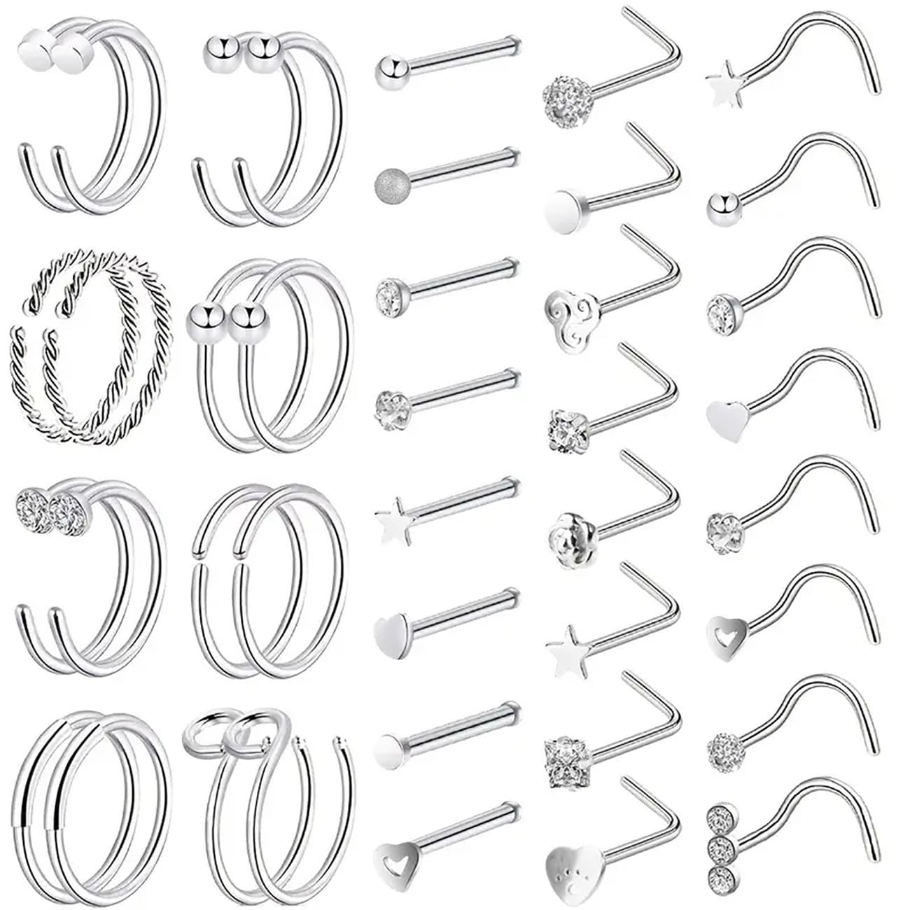 Stainless Steel Nose Nail 40 Pieces Set Piercing Nose Ring C Shape U Shape Men And Women Combination Titanium Steel Jewelry