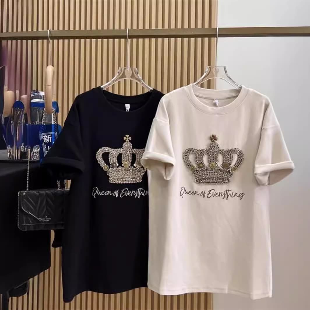 Women's Clothing Extra Large Size Summer Heavy Embroidery Crown Short Sleeved T Shirt Female Bottoming Shirt Loose Age Reducing Top