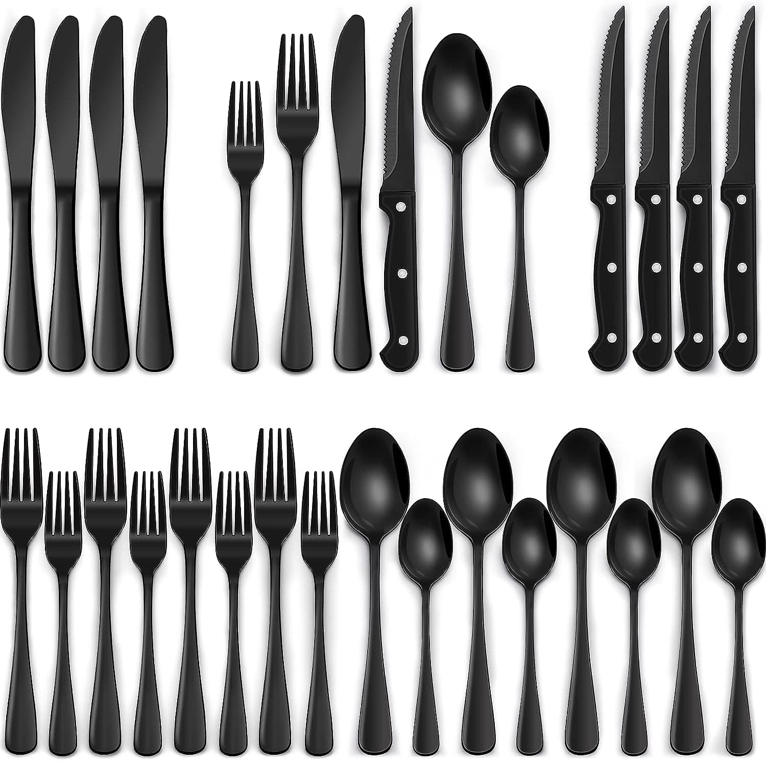 24-Piece Black Silverware Set with Steak Knives, Black Flatware Set for 4, Food-Grade Stainless Steel Tableware Cutlery Set,