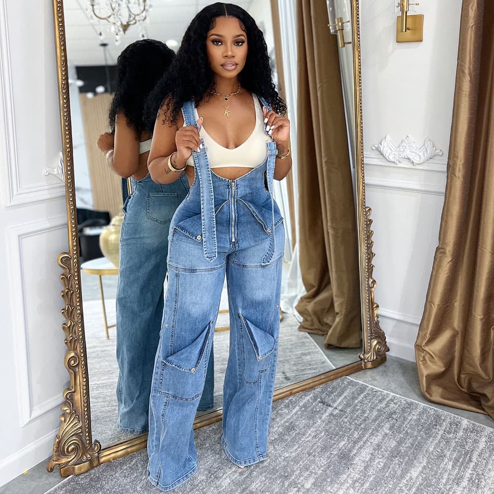 Women's Clothing Women's Summer Street Casual Zipper Washed Jumpsuit