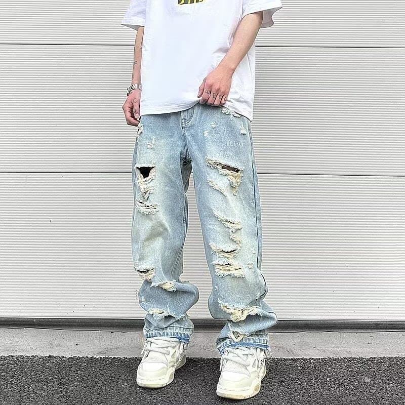 Men's Clothing High Street Hip Hop Vibe Washed Blue Ripped Cat Whisker Street Summer Straight Pants Loose Men's Jeans