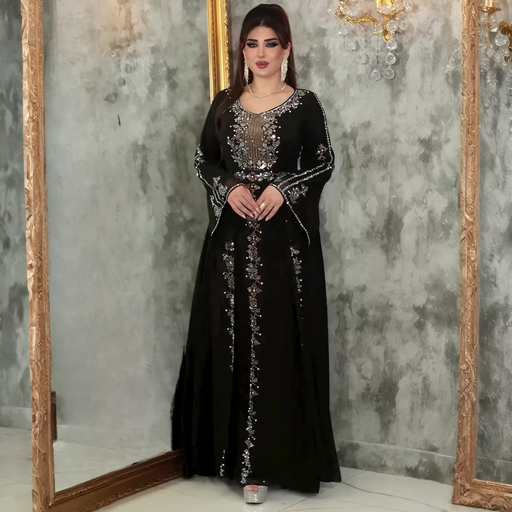 Elegant Long Sleeve Maxi Dress With Embellished Rhinestones Modest Muslim Evening Gown For Women, Plus Size A-Line Formal Dress (Green/Purple/Black)