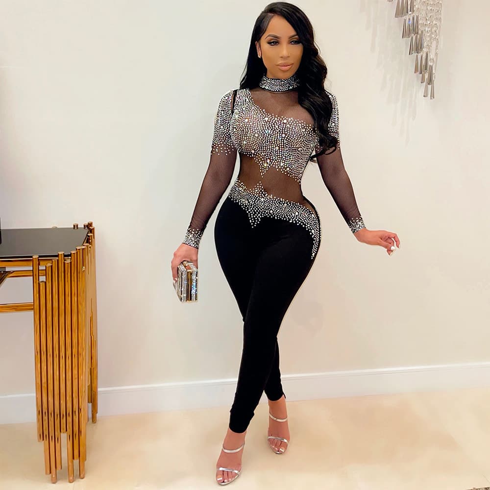 Women's Clothing Fashion Sexy Mesh See Through Hot Diamond Trousers Long Sleeved Jumpsuit For Women